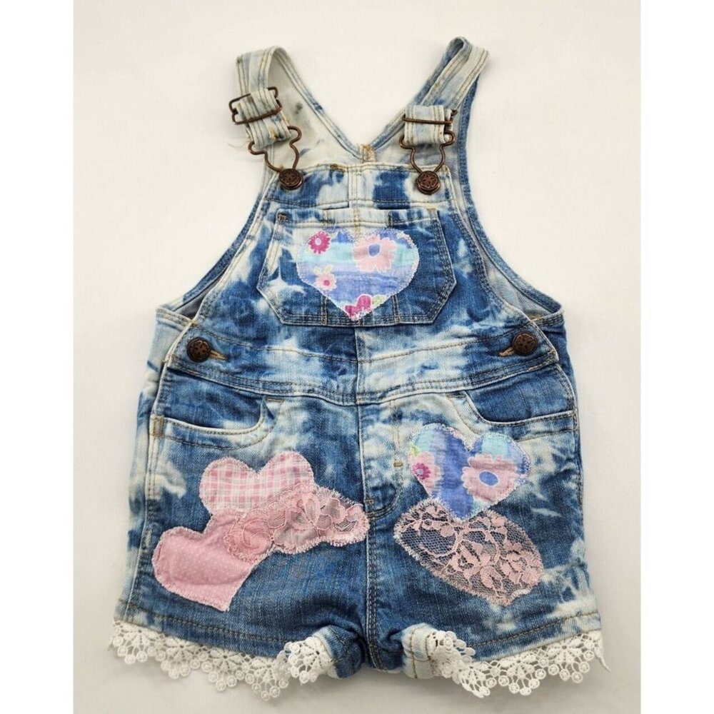 OshKosh B'Gosh Customized Short Overalls Lace Trim Heart Applique Bleach Dye 18M